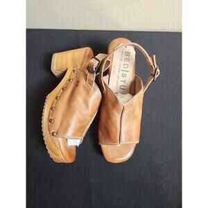 BED STU Women's MARIE Wooden Wedge Buckle Ankle Strap Sandal NIB Leather N Wood